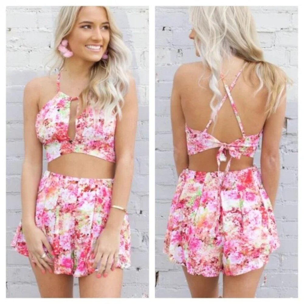 Pink and ivory floral crop top and shorts set